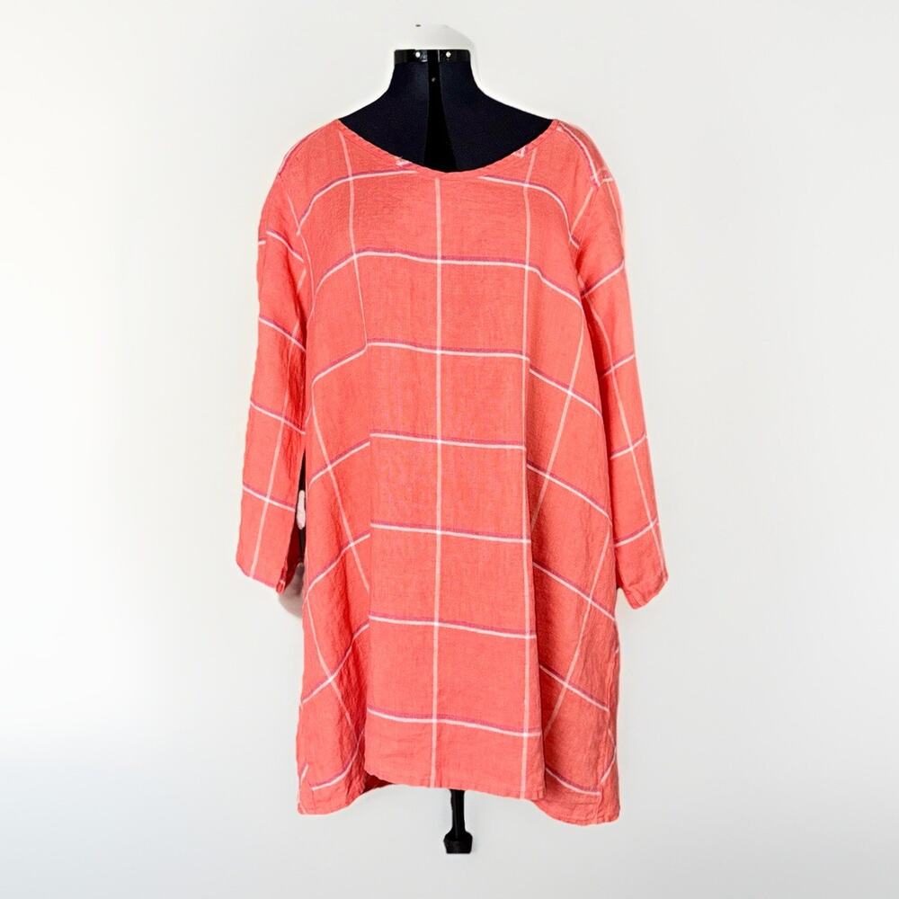 NWOT FLAX Linen Sz 6-10 Salmon Pink Tattersall Check Tunic Plaid Top Lagenlook‎
